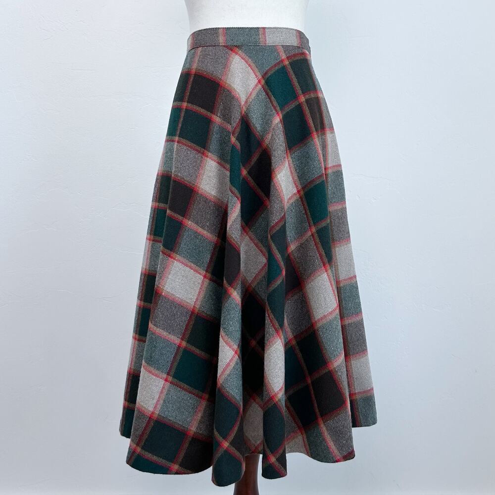 Vintage Donnkenny Green Plaid Wool Blend Outlander Midi Circle Skirt MEDIUM